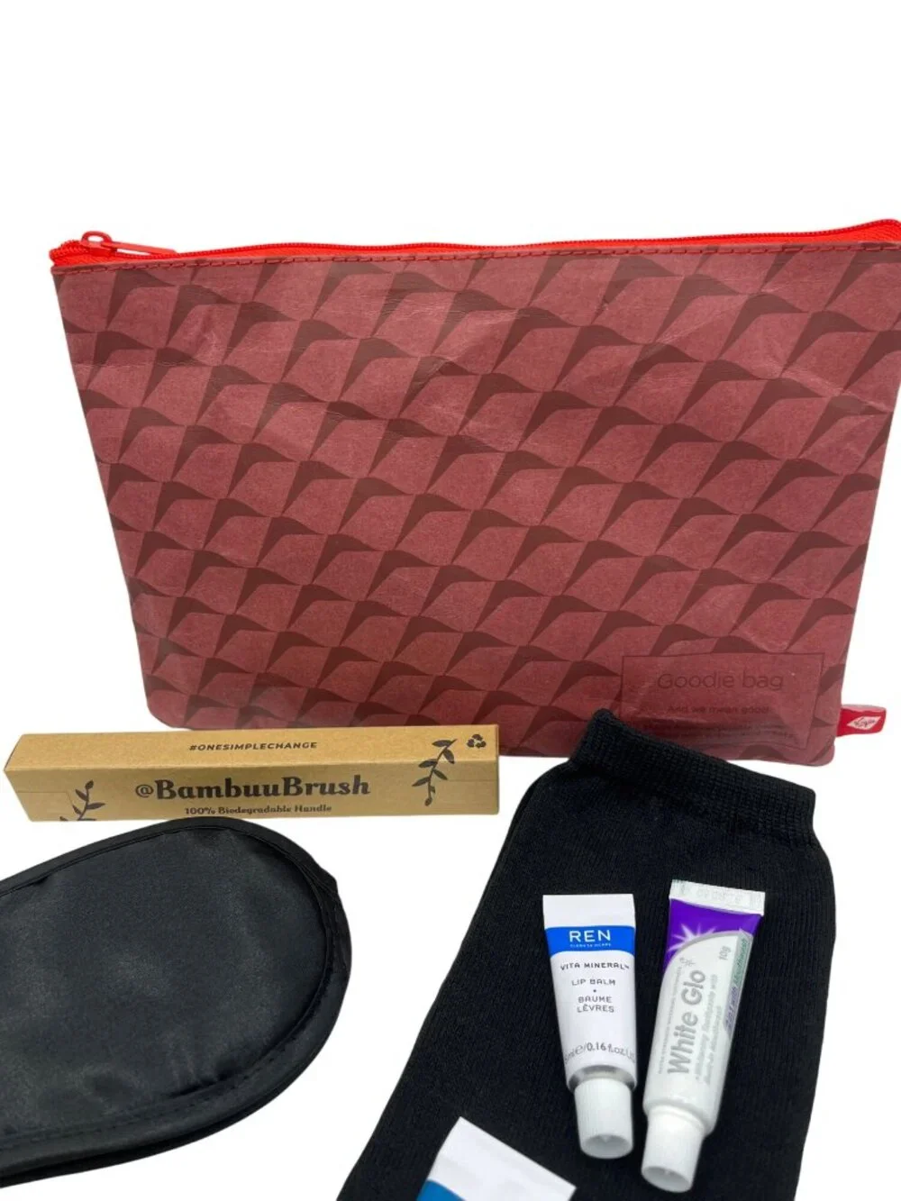 Travel Essentials Kit With REN Skincare Bamboo Toothbrush Socks & Red Pouch 70g